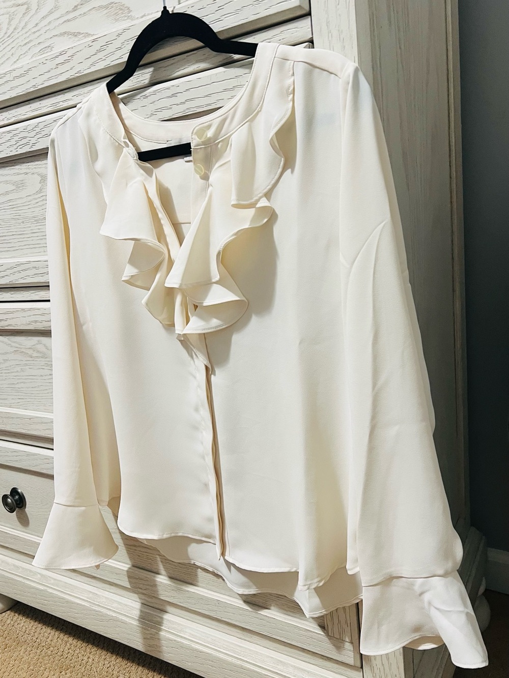 LOFT Cream Ruffle-Front Button Blouse